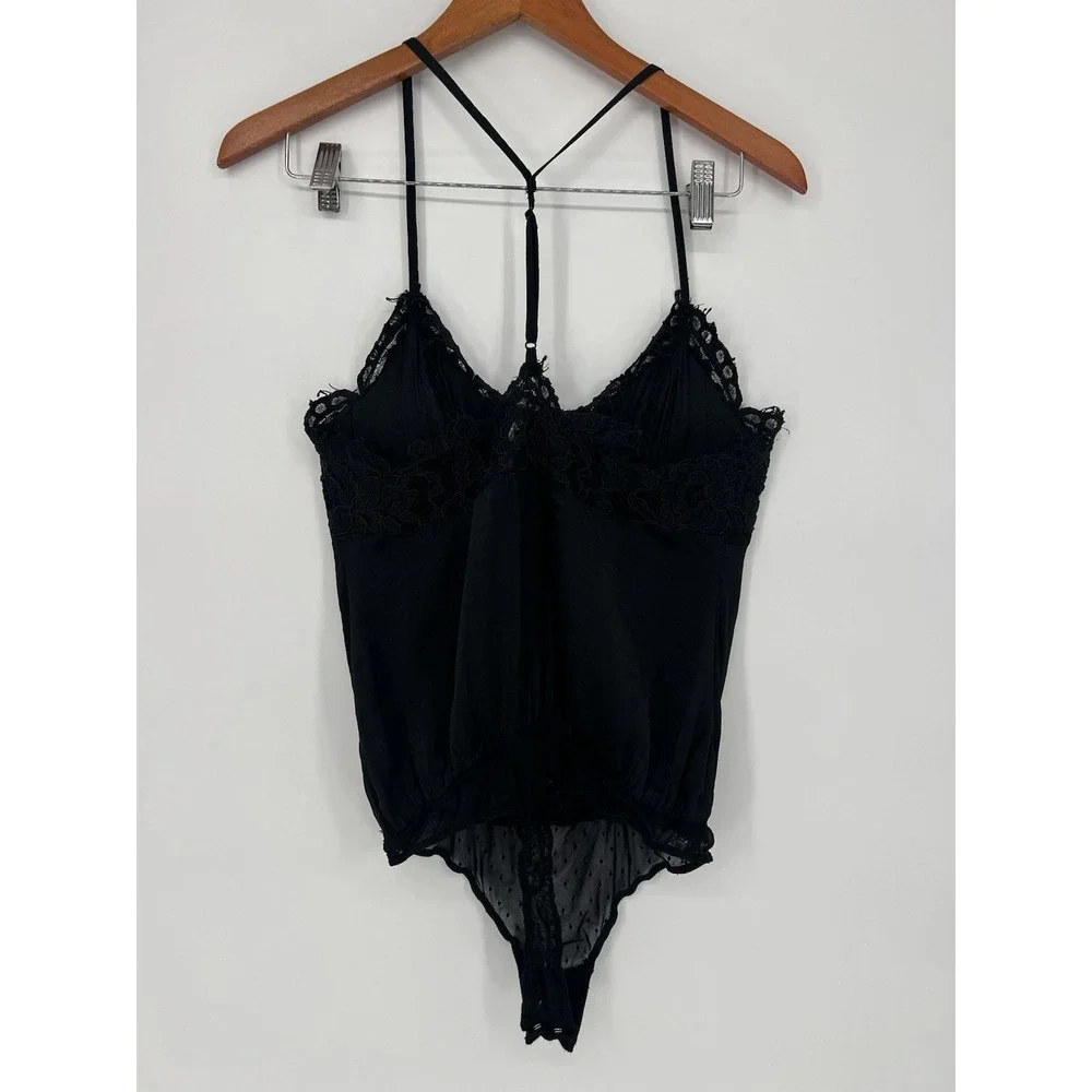 Free People Intimately sz SP Black‎ Lace Trim Dot Mesh Teddy Bodysuit